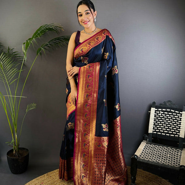 Joban Fashion Banarasi Navy Blue Woven Soft Silk Saree
