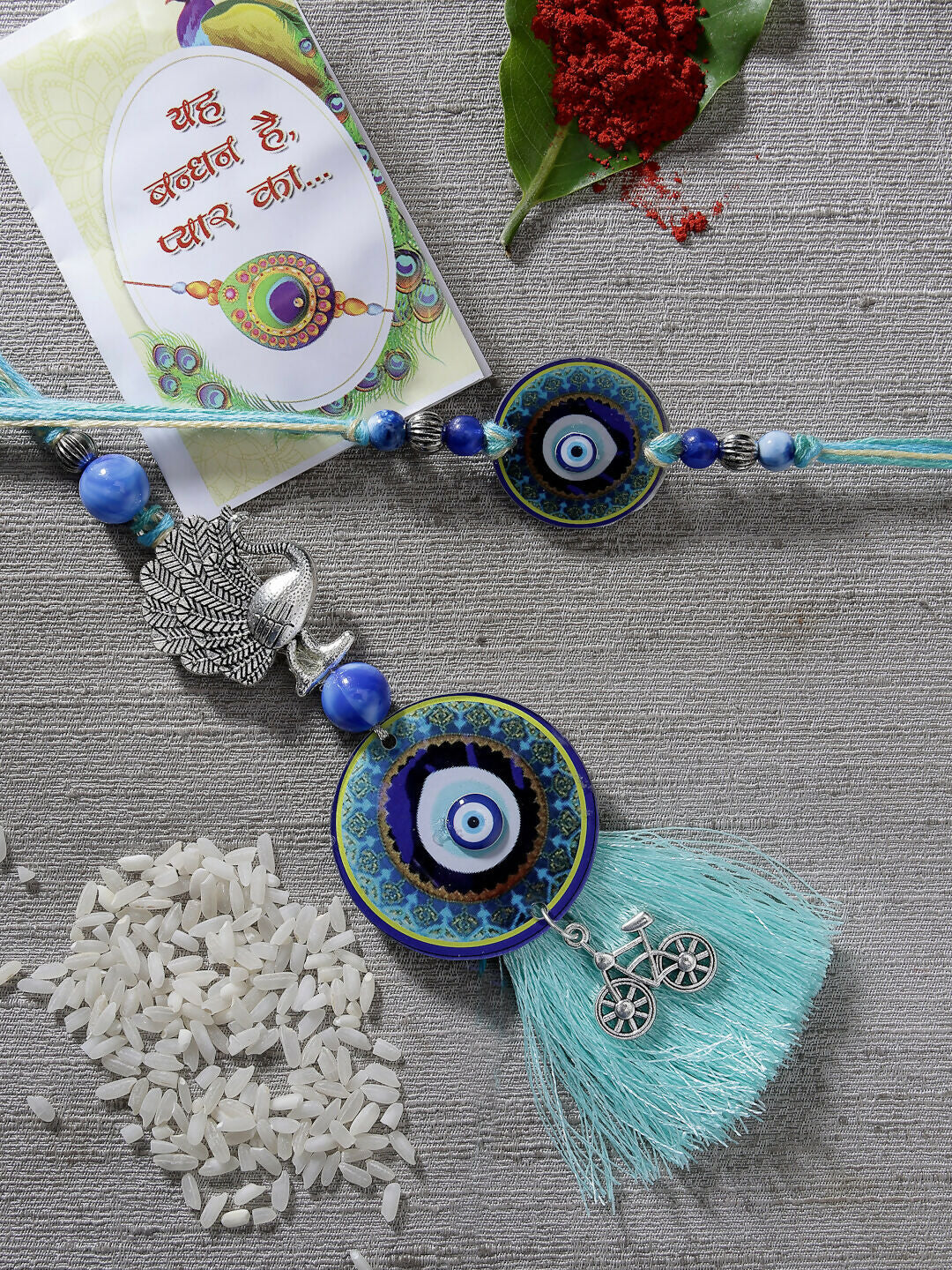 NVR Women & Men Set of 2 Blue Evil Eye & Beaded Bhaiya Bhabi Rakhi With Roli Chawal - Distacart