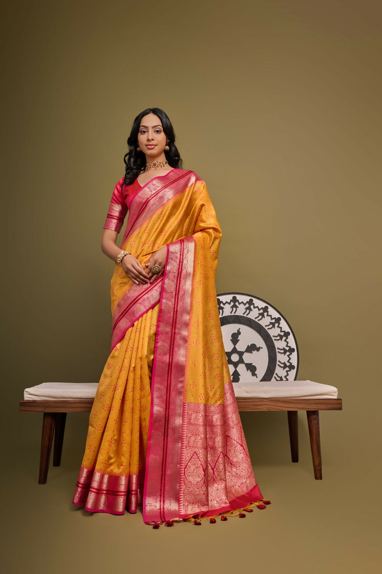 Vishnu Weaves Women's Mustard Raw Silk Zari Woven Saree with Blouse - Distacart