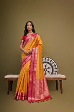 Thumbnail for Vishnu Weaves Women's Mustard Raw Silk Zari Woven Saree with Blouse - Distacart