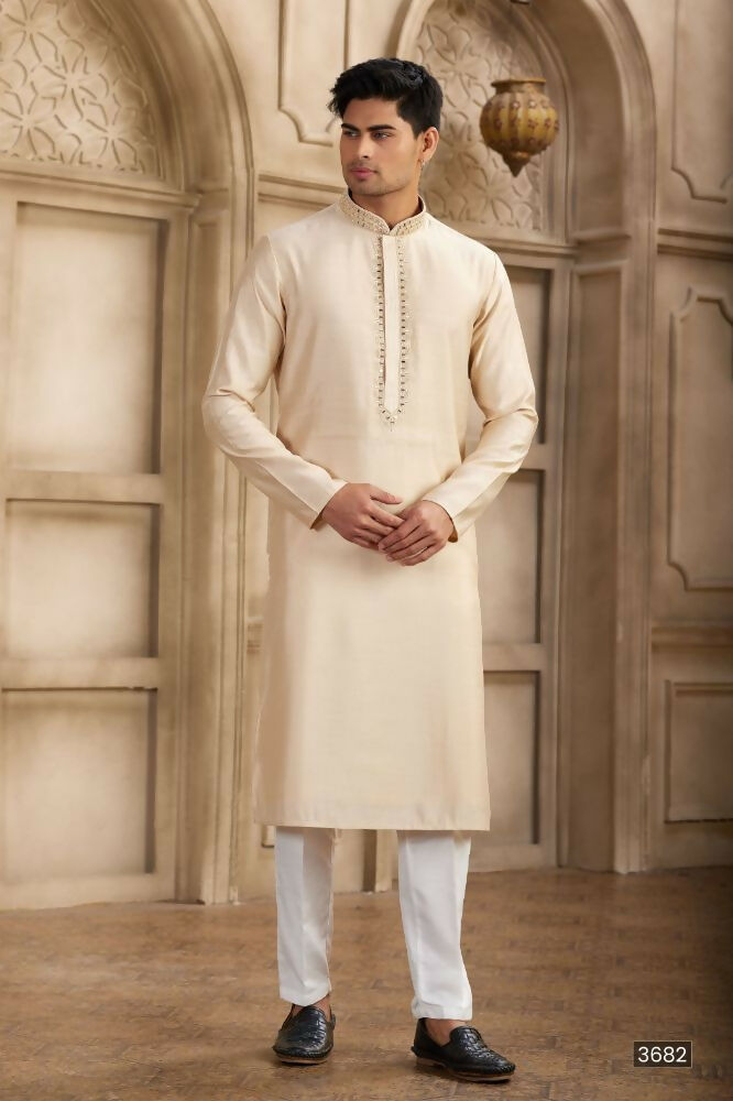 Raivat Ethnic Banarasi Art Silk Mirror Work Kurta Pajama In Beige Colour