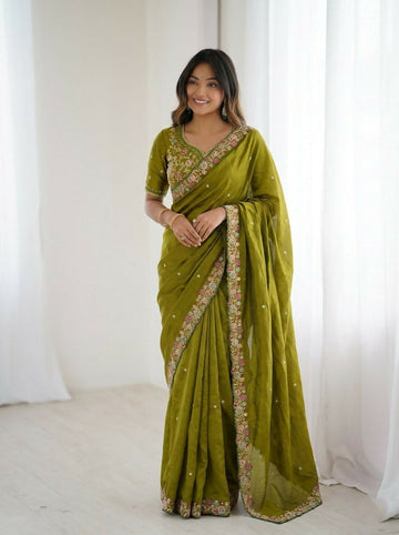 Teeya Creation New Trendy Party Wear Soft Satin Chiffon Saree-Dark_Green - Dista