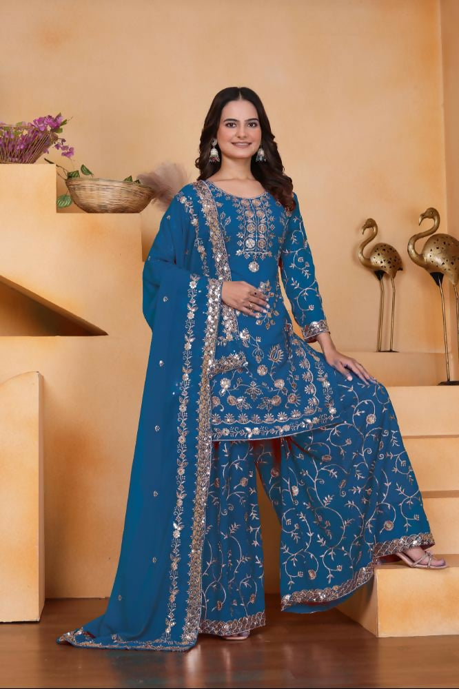 Lehenga Mart Designer Sharara Suit With Kurta, Sharara, Dupatta For Women-Teal Blue - Distacart