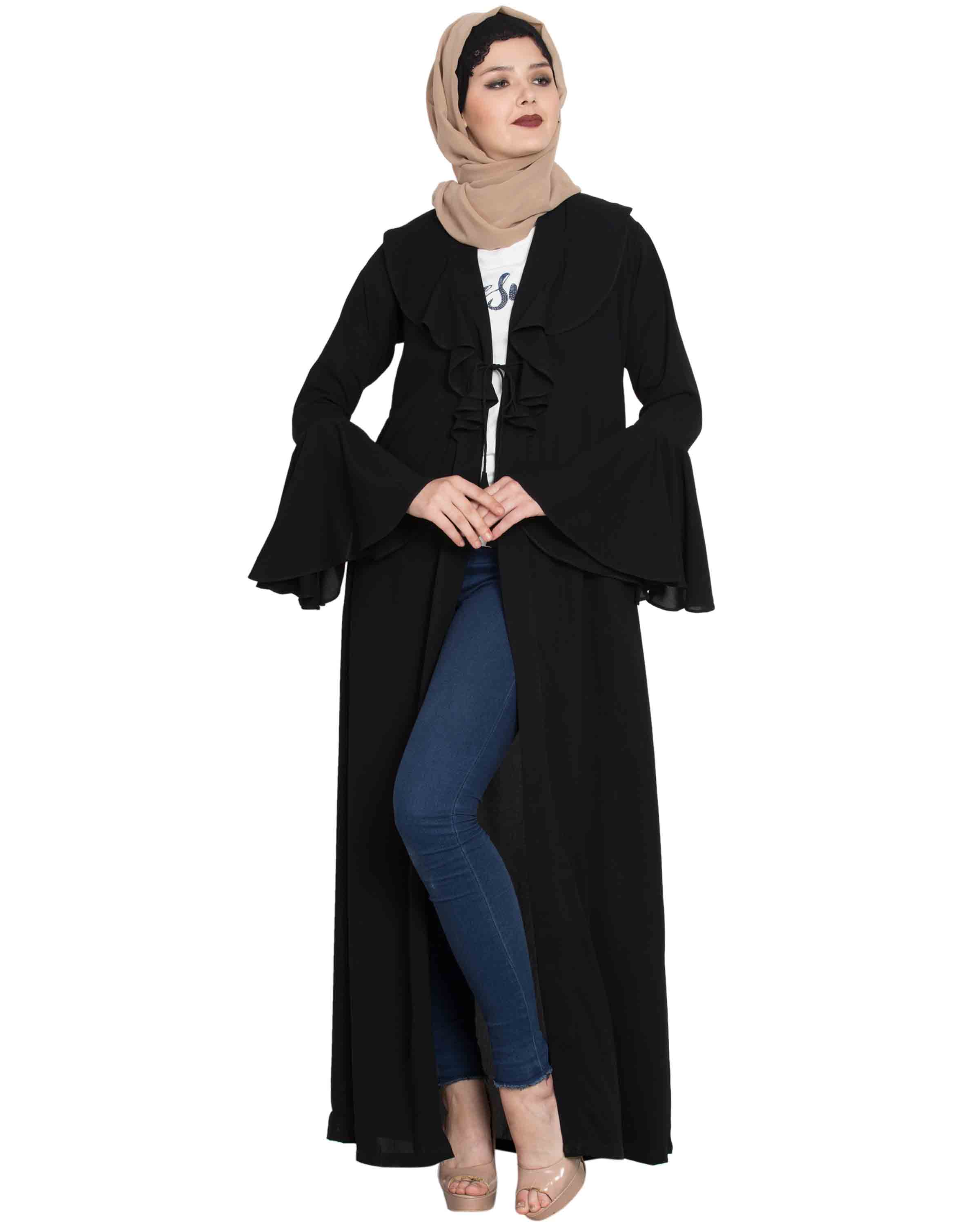 Bashariya Long Cardigan With Bell Sleeves Without Inner Abaya - Black