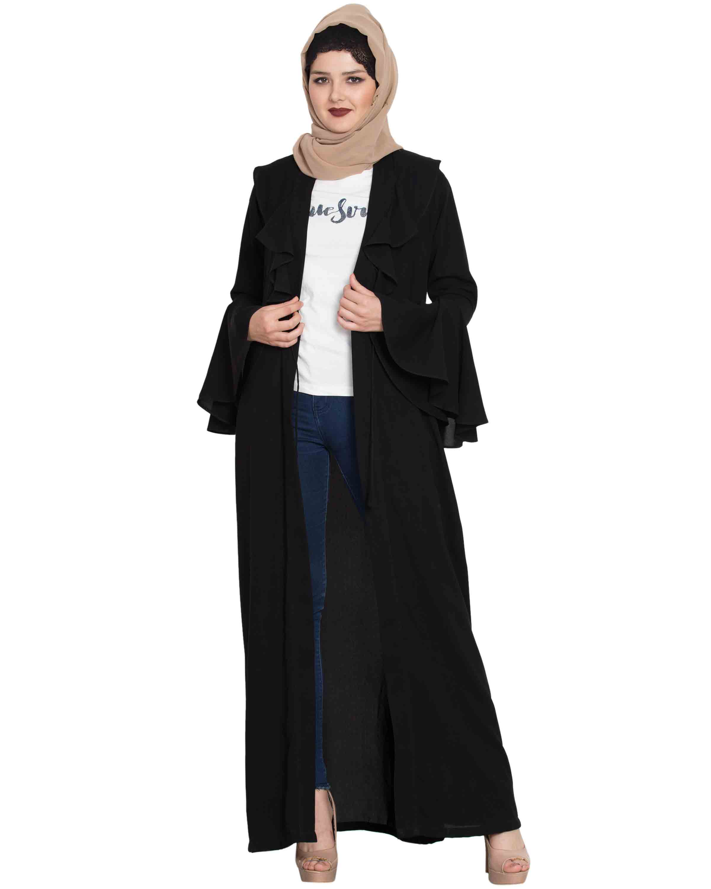 Bashariya Long Cardigan With Bell Sleeves Without Inner Abaya - Black