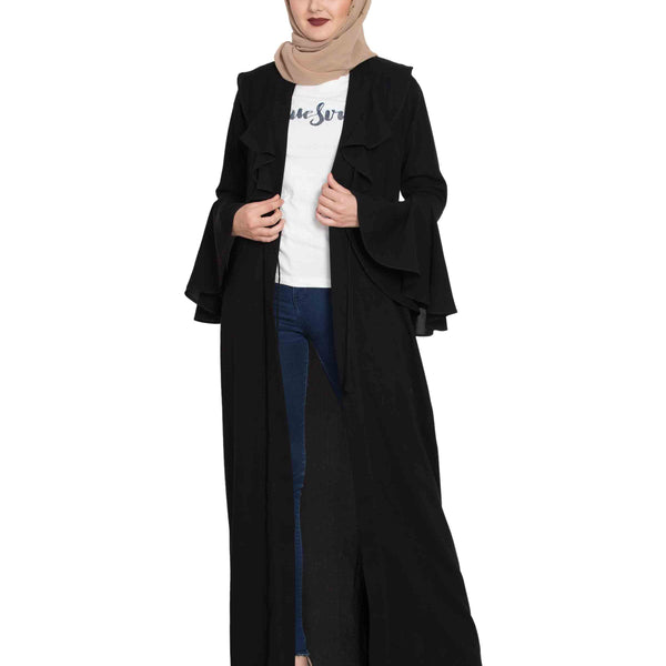 Bashariya Long Cardigan With Bell Sleeves Without Inner Abaya - Black