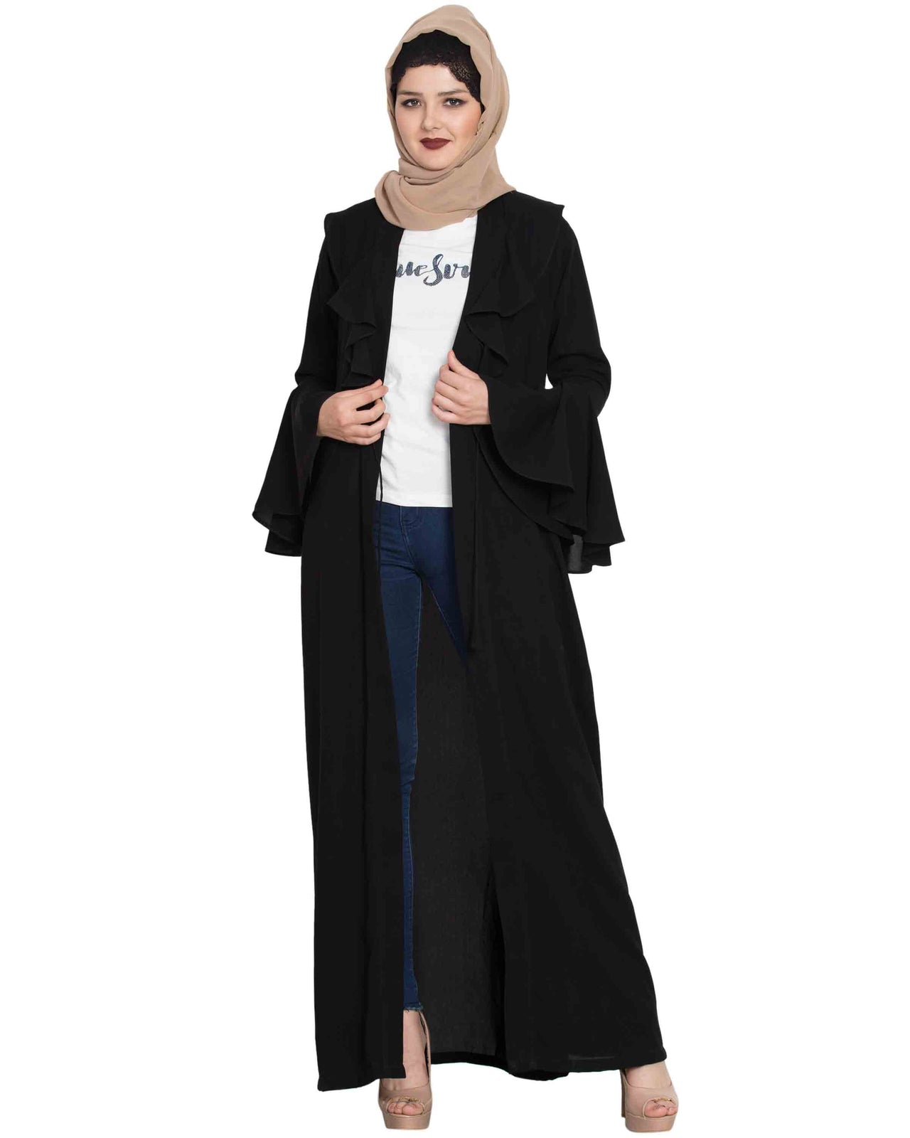 Bashariya Long Cardigan With Bell Sleeves Without Inner Abaya - Black - Distacart