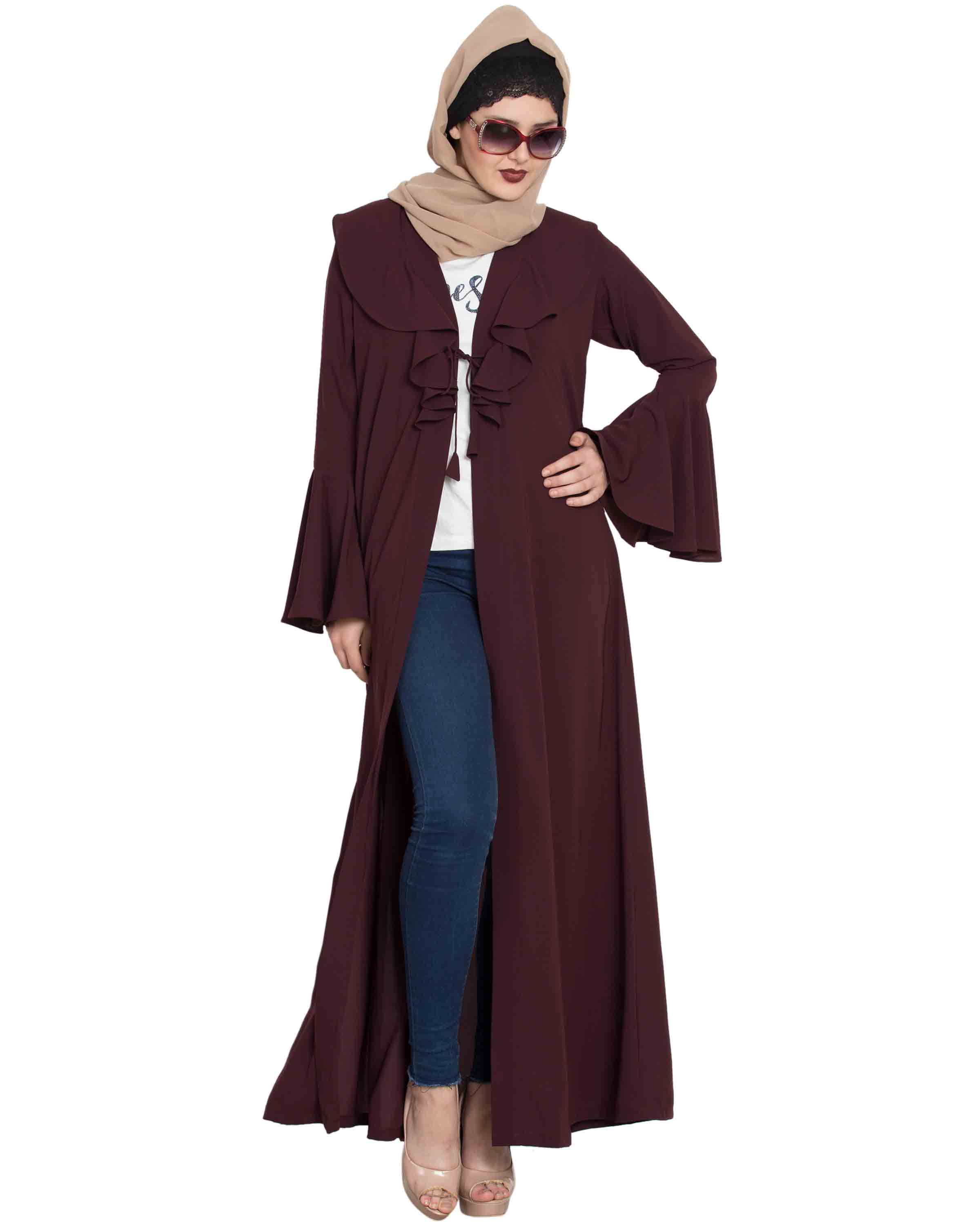 Bashariya Long Cardigan With Bell Sleeves Without Inner Abaya - Wine