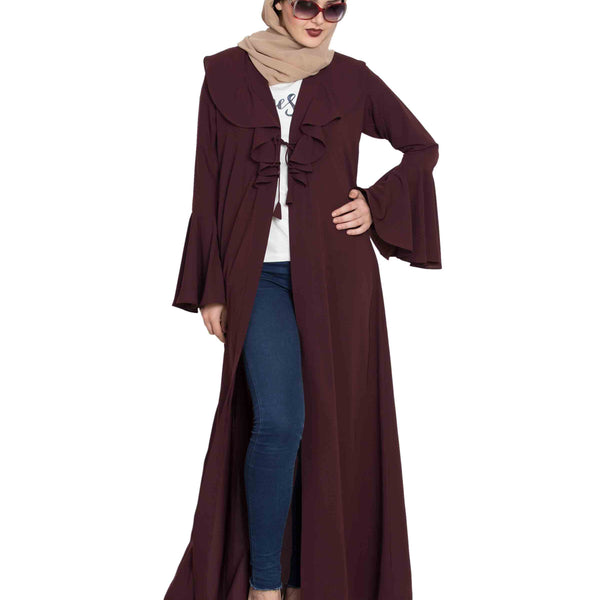 Bashariya Long Cardigan With Bell Sleeves Without Inner Abaya - Wine