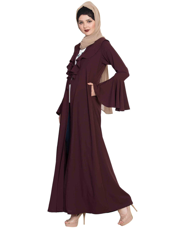 Bashariya Long Cardigan With Bell Sleeves Without Inner Abaya - Wine