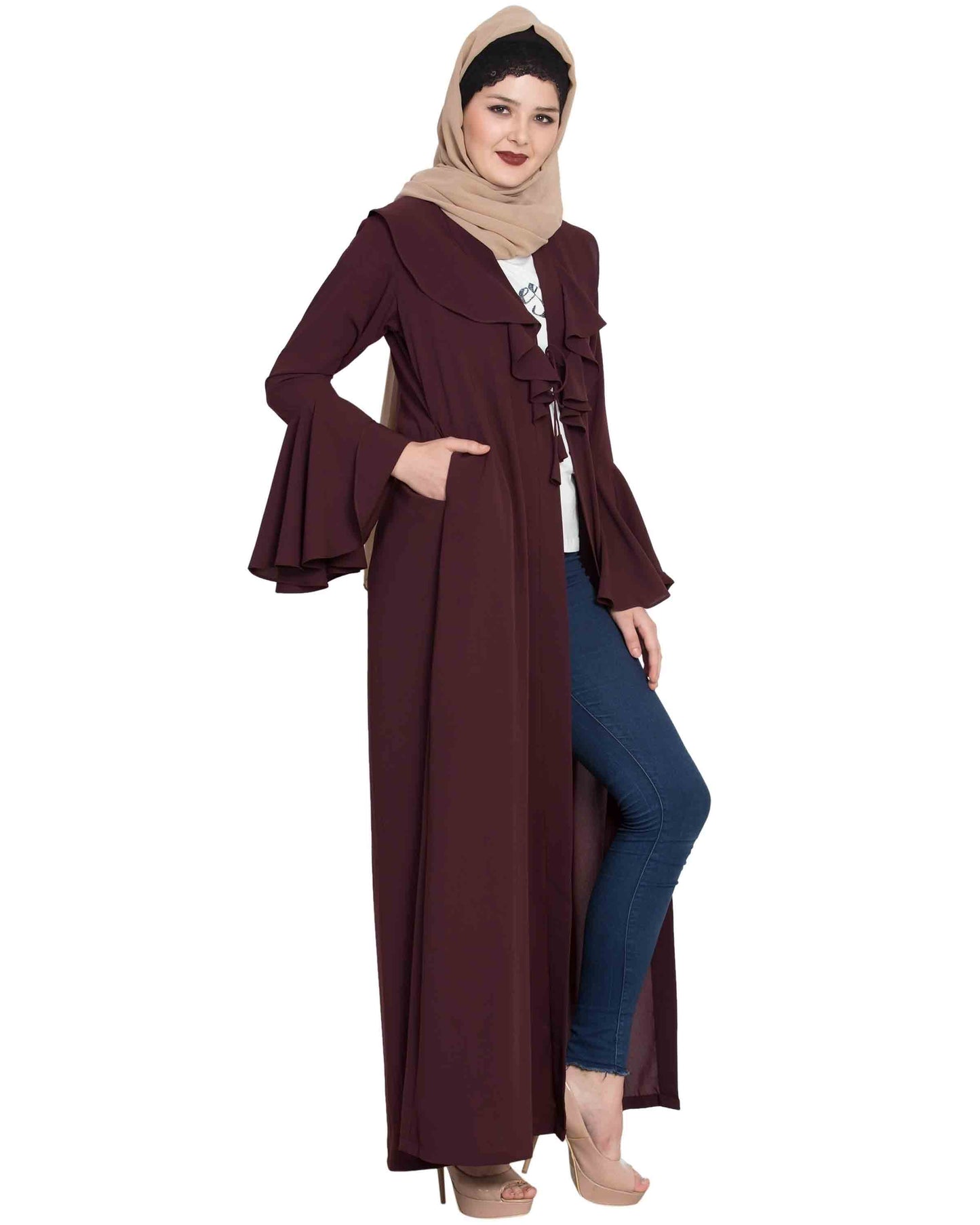 Bashariya Long Cardigan With Bell Sleeves Without Inner Abaya - Wine - Distacart