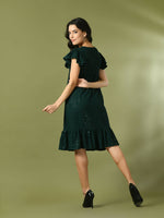 Thumbnail for Myshka Women's Green Embroidered Cotton Round Neck A-Line Party Dress - Distacart