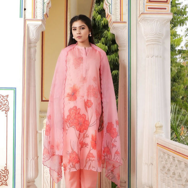 Vaasva Women Pink Tabby Slik Print & Embroidered Kurta, Pant & Dupatta set - Distacart
