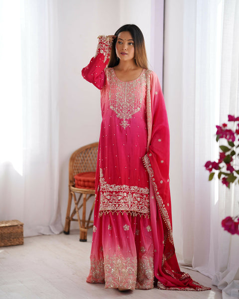 Joban Fashion Pink Palazzo Chinon silk Coding Dori with Sequence with Rivet Moti