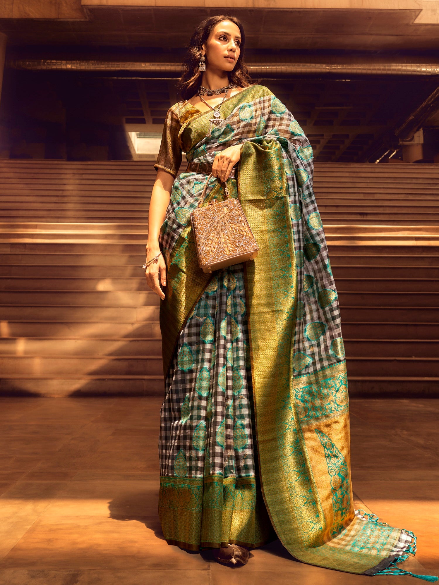 NOZ2TOZ Women's Organza Grey Woven Design Designer Saree With Blouse Piece - Distacart