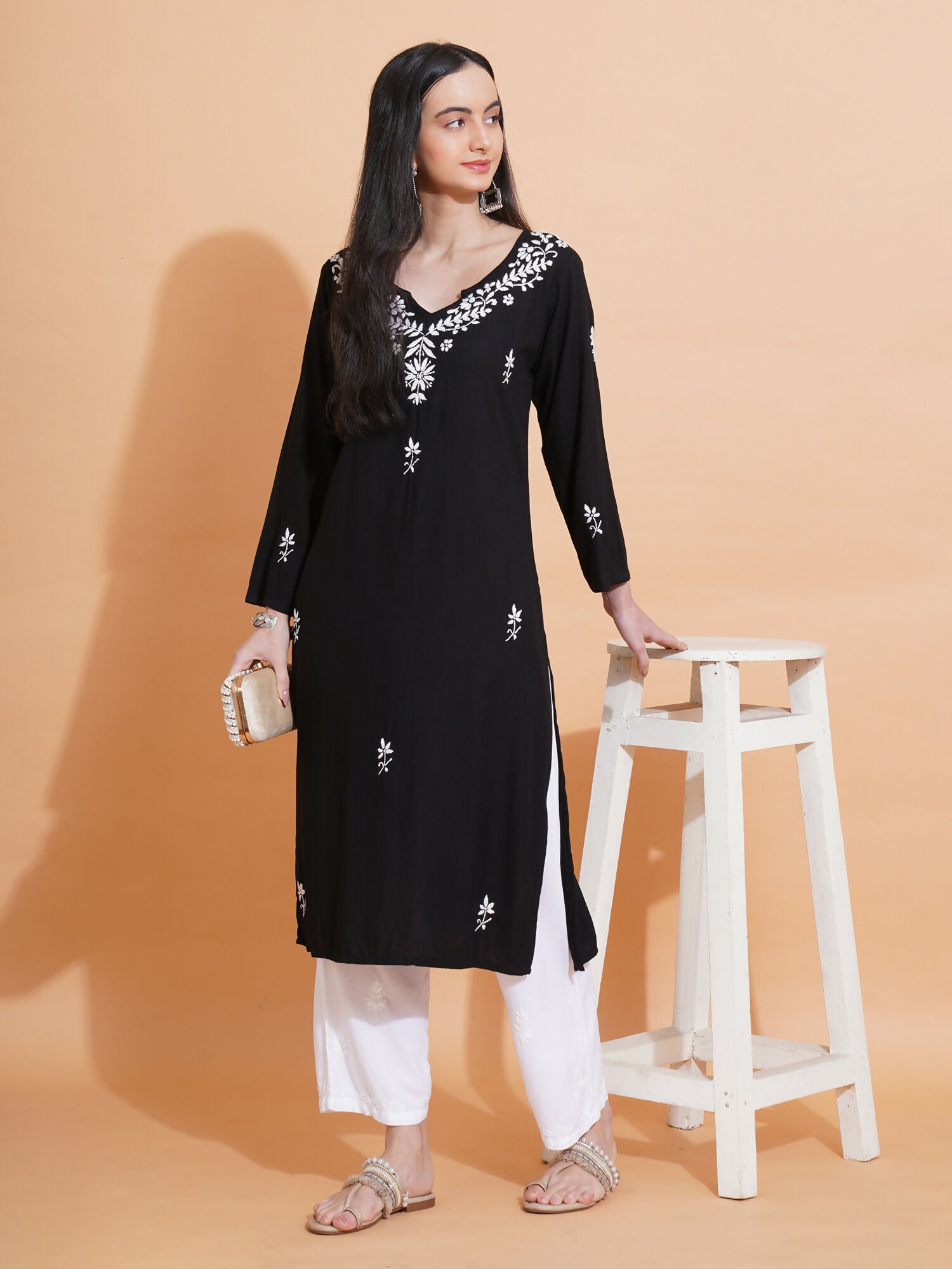 Pahnaz Luxury Rayon Chikankari Long Kurti-Black - Dista