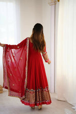 Thumbnail for Teeya Creation Red Color Heavy Georgette Wedding Wear Embroidery Work Long Gown