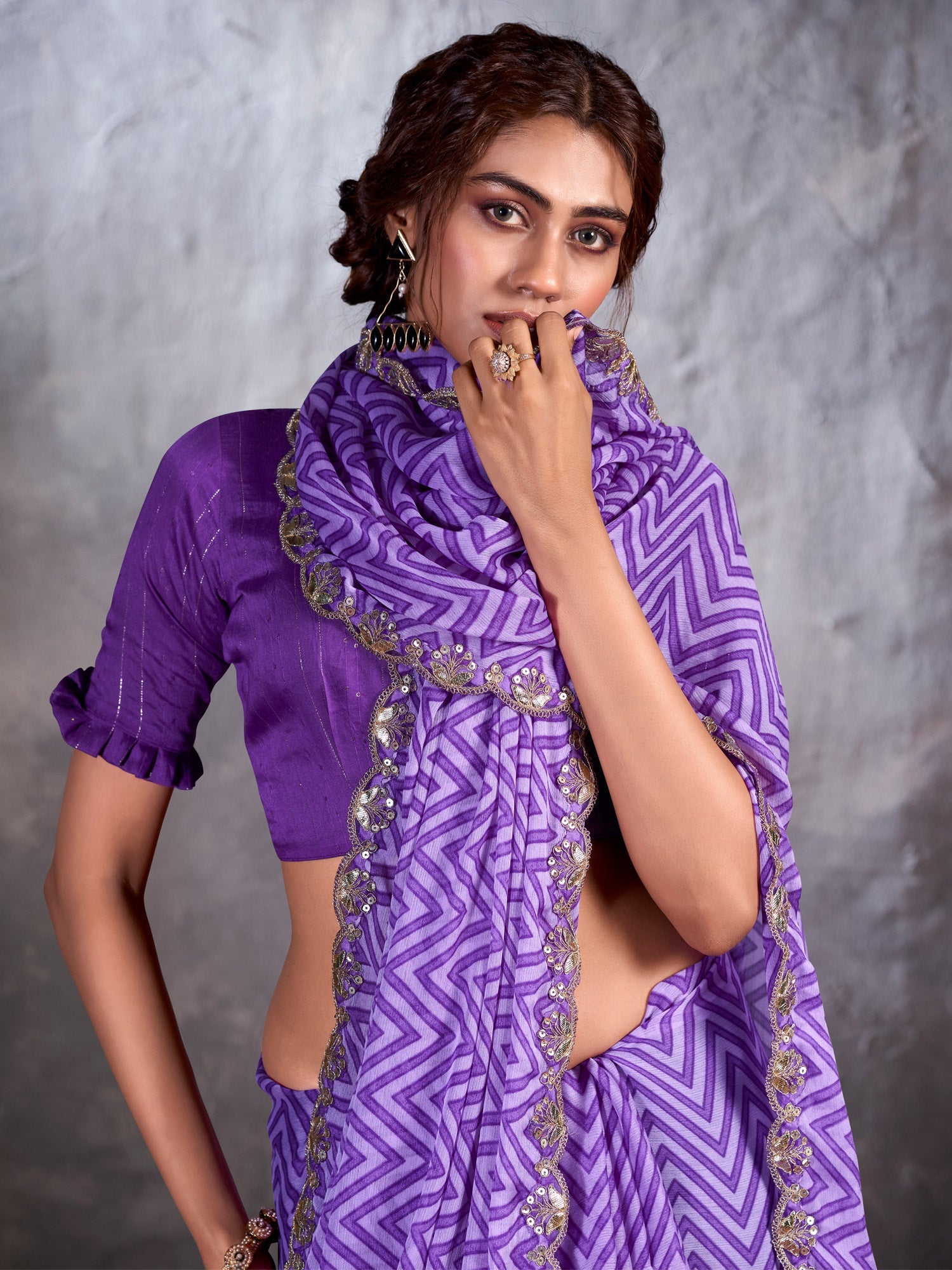 NOZ2TOZ Women's Chiffon Purple Embellished Designer Saree With Blouse Piece - Distacart