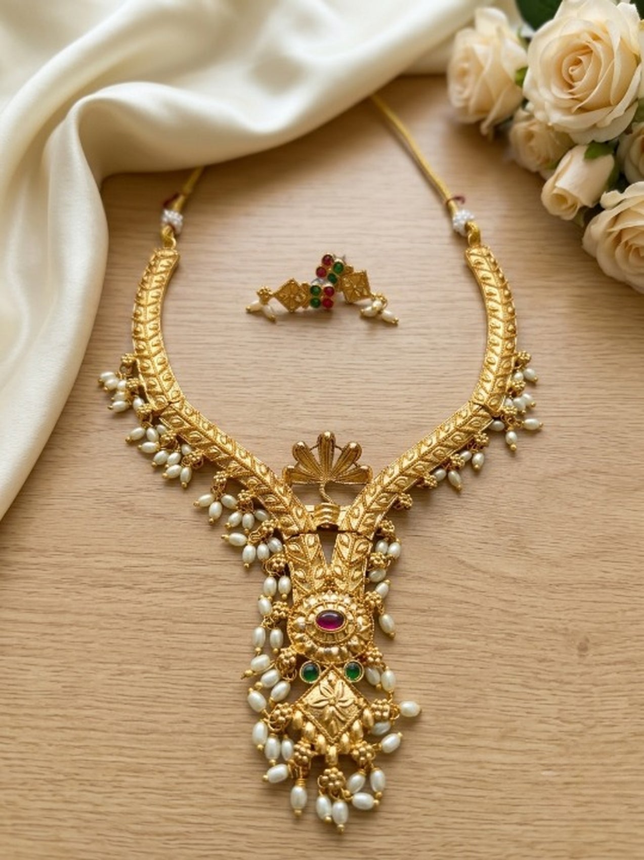 Jewel City Gold Plated Traditional Indian Necklace Set with Pearls, Ruby and Emerald Accents - Dista