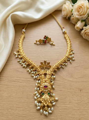 Jewel City Gold Plated Traditional Indian Necklace Set with Pearls, Ruby and Emerald Accents - Dista