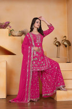 Thumbnail for Teeya Creation Pink Color Faux Georgette Embroidery Work Wedding Wear Palazzo Set - Distacart