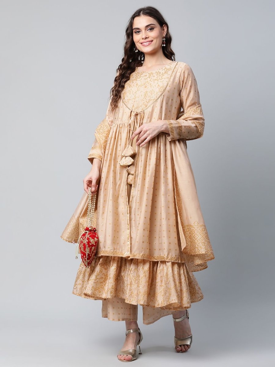 Ahalyaa Womens Beige Chanderi Kurta Palazzo Set with Dupatta - Distacart