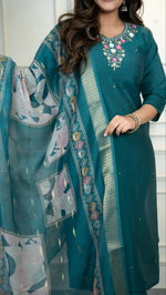 Thumbnail for Preksha Creation Premium Roman Silk Hand Work Kurti Pant Dupatta Set