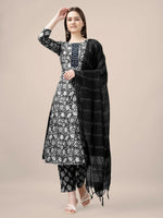 Thumbnail for Jyoti Fashion Women's Black Rayon Print with Embroidery & Fancy Lace Work Kurta with Trouser & Dupatta - Distacart