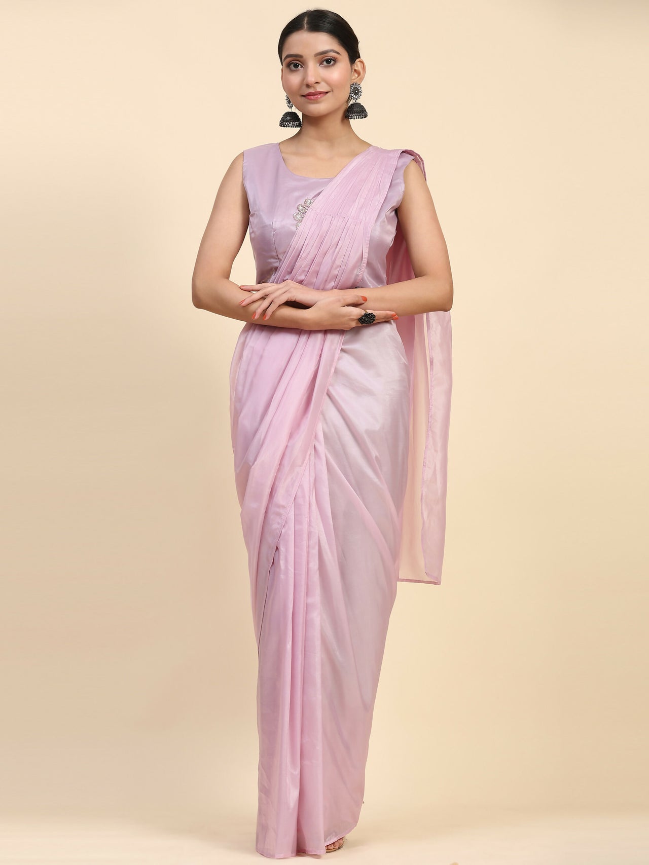 Light Lavendar Satin Solid Ready to wear Saree with stitched Blouse - Vanita - Distacart