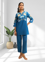 Thumbnail for Joban Fashion Teal Silk Embroidered Readymade Cord Set - Distacart