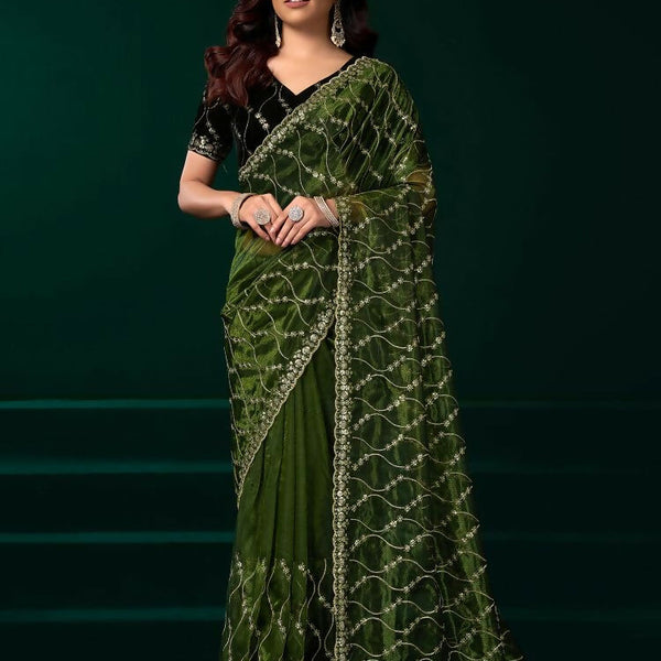 Joban Fashion Green Net Party Wear Sarees - Distacart