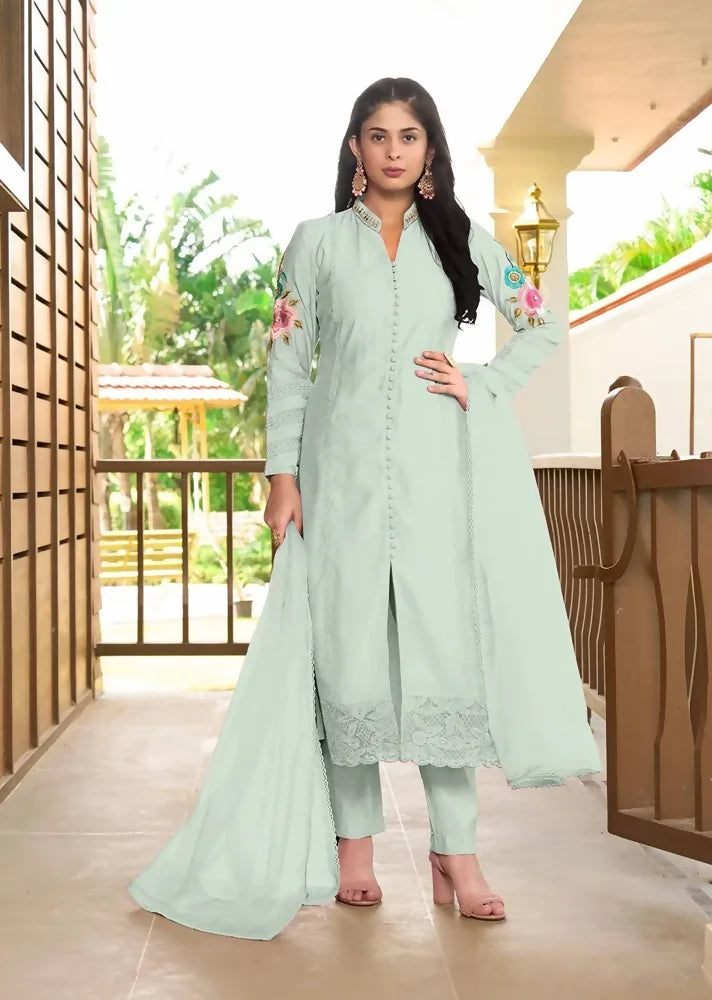 Nikhaar Light Green Embroidered Art Silk Straight Cut Readymade Pakistani Suit