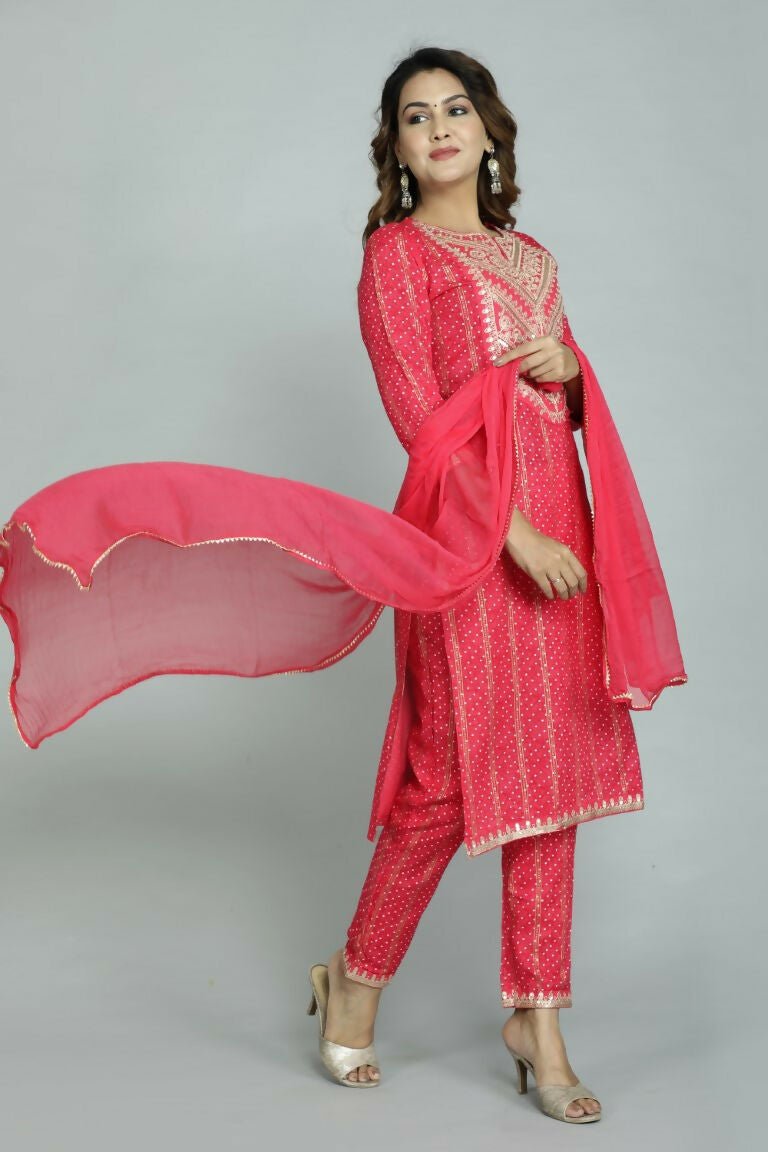 Alvano Beautiful Embroidery Print Straight Kurti with Pant and Dupatta set for Women and Girls Rayon - Distacart