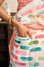 Thumbnail for Joban Fashion White Color Block Linen Ready To Wear Saree With Unstitched Blouse - Distacart