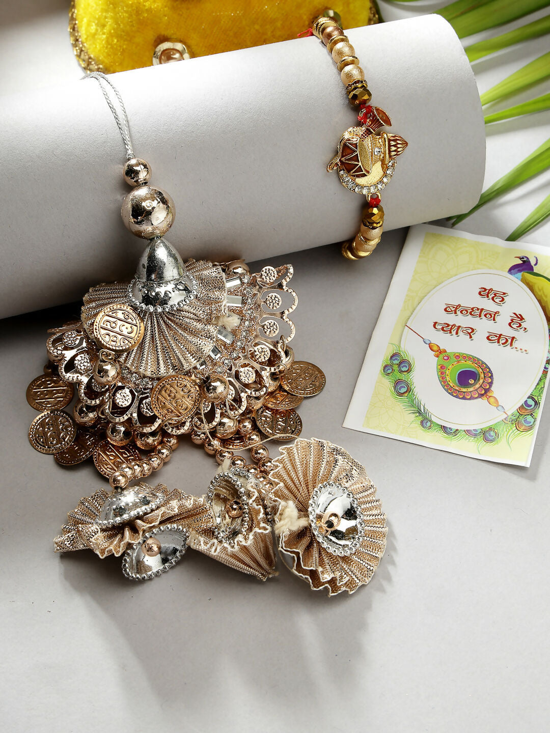 NVR Women & Men Set of 2 Gold Artificial beads Bhaiya Bhabhi Rakhi With Roli Chawal - Distacart