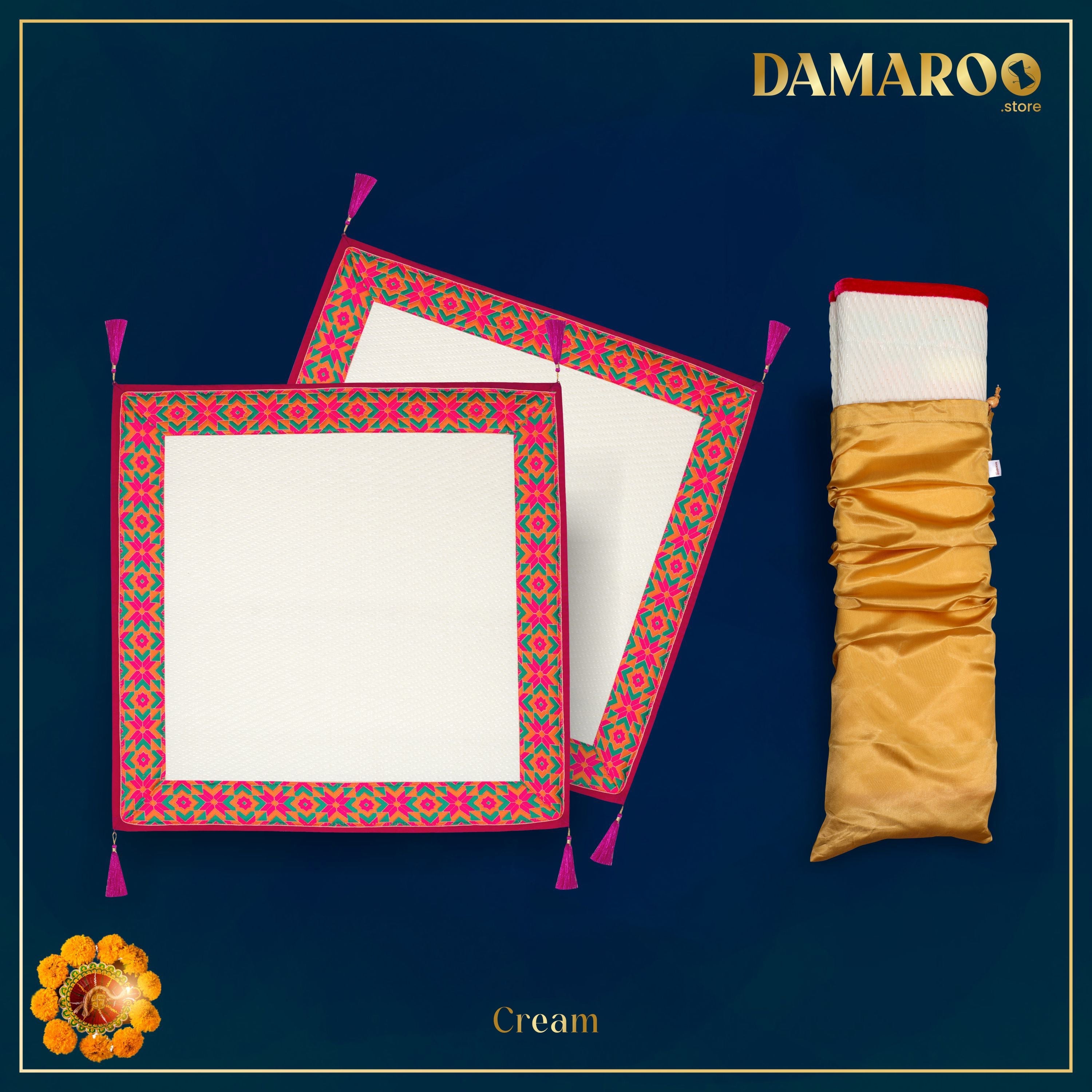Damaroo Set of 2 | 2x2 ft | Ornate Nylon Aasan | Jacquard Pink Trim & Tassels - Cream - Distacart