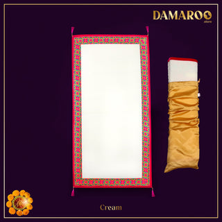 Damaroo 2x4 ft | Ornate Nylon Pooja Couple Mat | Jacquard Pink Trim & Tassels - Cream - Distacart