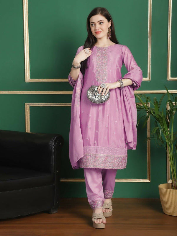 Aastha Fashion Women's Pink Chinon Chiffon Floral Embroidery with Cording & Crystal Work Designer Straight Suit Set - Distacart