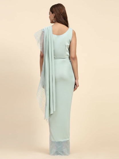 Light Blue Lycra Solid Ready to Wear Saree with stitched Blouse - Nita - Distacart