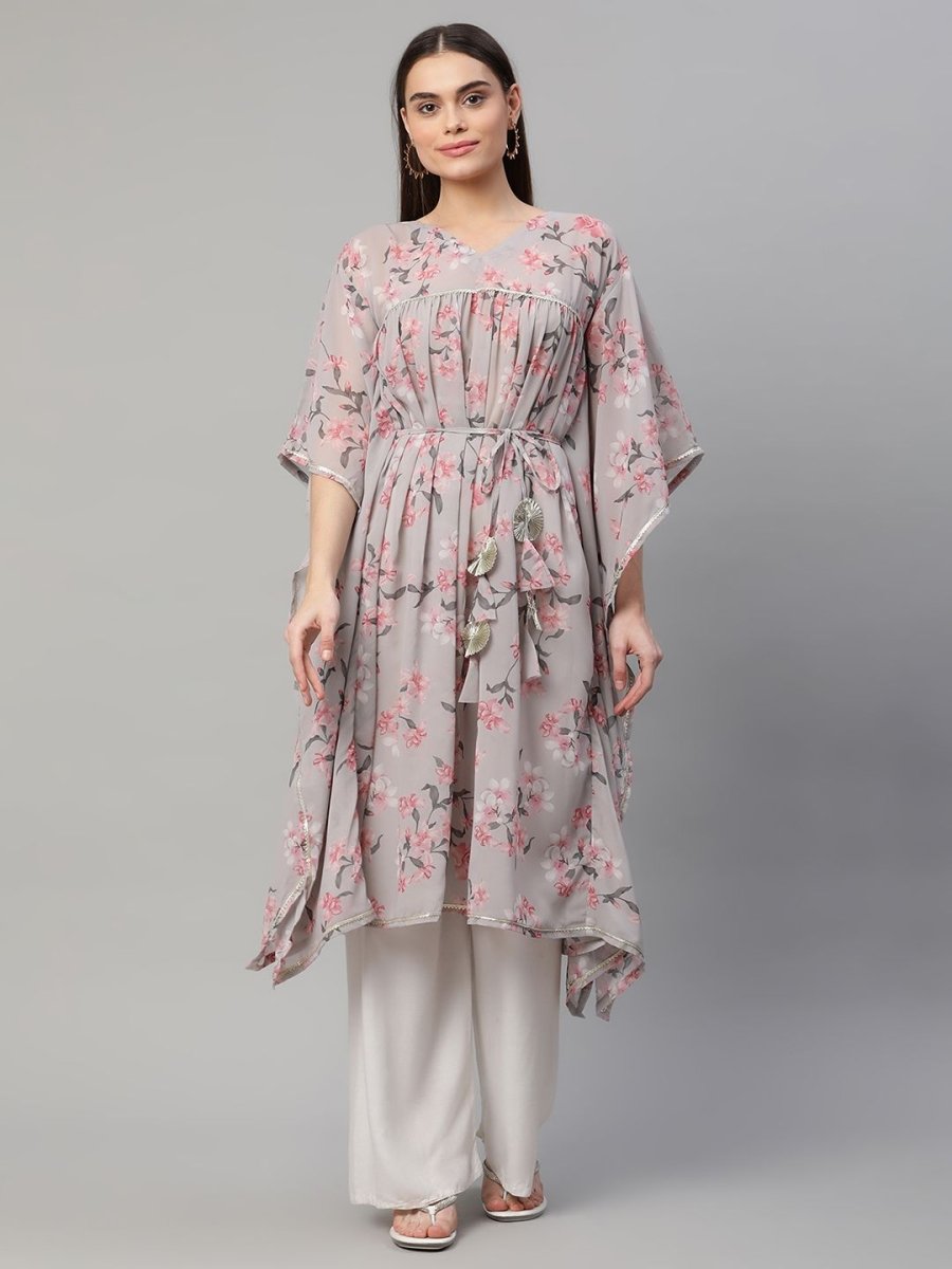 Ahalyaa Women Grey Georgette Floral Printed Kaftan Kurta - Distacart