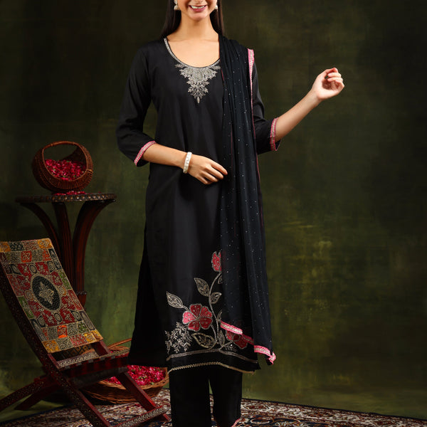 Swarovski & Sequined Embroidered Kurta With Pant & Dupatta, Black - Hiral Fashion - Distacart