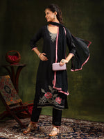 Thumbnail for Swarovski & Sequined Embroidered Kurta With Pant & Dupatta, Black - Hiral Fashion - Distacart