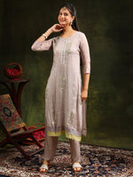 Thumbnail for Hand Embroidered Kurta With Pant & Organza Sequined Embroidered Dupatta, Grey - Hiral Fashion - Distacart
