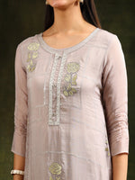 Thumbnail for Hand Embroidered Kurta With Pant & Organza Sequined Embroidered Dupatta, Grey - Hiral Fashion - Distacart