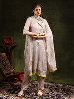 Thumbnail for Hand Embroidered Kurta With Pant & Organza Sequined Embroidered Dupatta, Grey - Hiral Fashion - Distacart