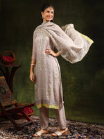 Thumbnail for Hand Embroidered Kurta With Pant & Organza Sequined Embroidered Dupatta, Grey - Hiral Fashion - Distacart