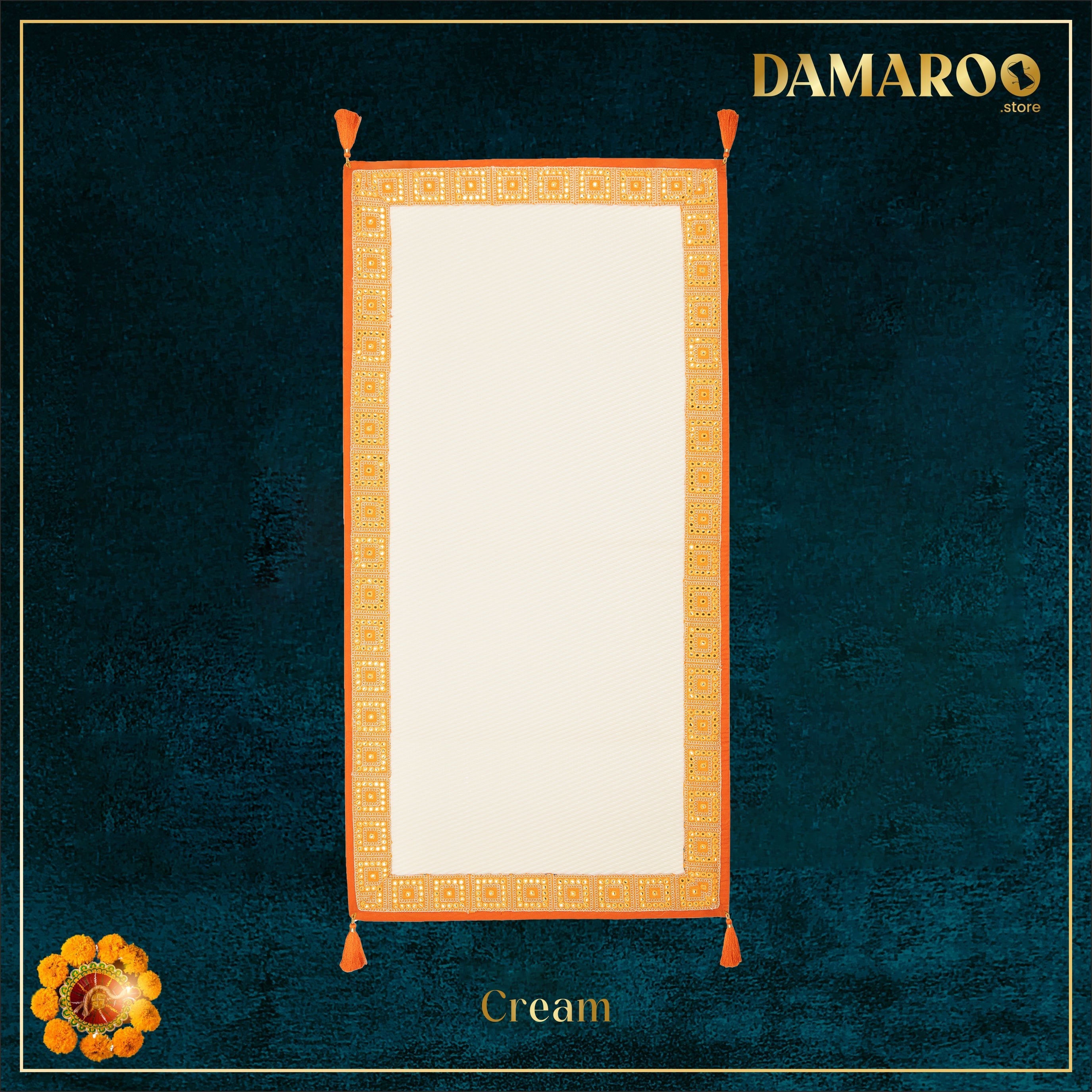 Damaroo 2x4 ft | Artisanal Nylon Pooja Couple Mat | Kesariya Trim & Tassels - Cream - Distacart