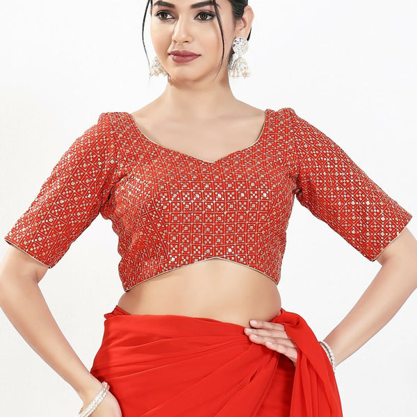 Joban Fashion Red Silk Padded Blouse With Sweetheart Neck Elbow Sleeves - Distacart