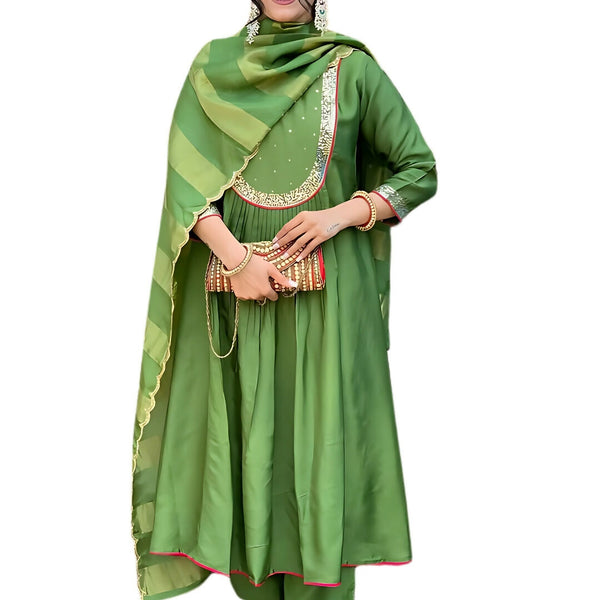 The52 Light Green Women's Gorgeous Embroidered Work Chanderi Fabric Flared Kurta Pant and Dupatta Set - Distacart