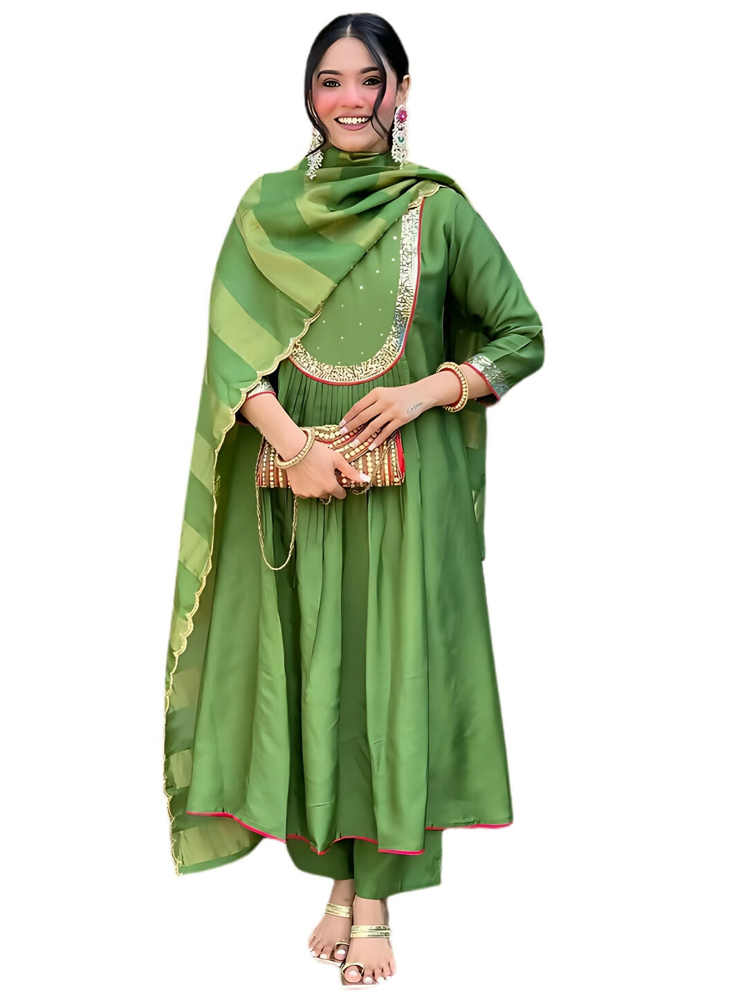 The52 Light Green Women's Gorgeous Embroidered Work Chanderi Fabric Flared Kurta Pant and Dupatta Set - Distacart